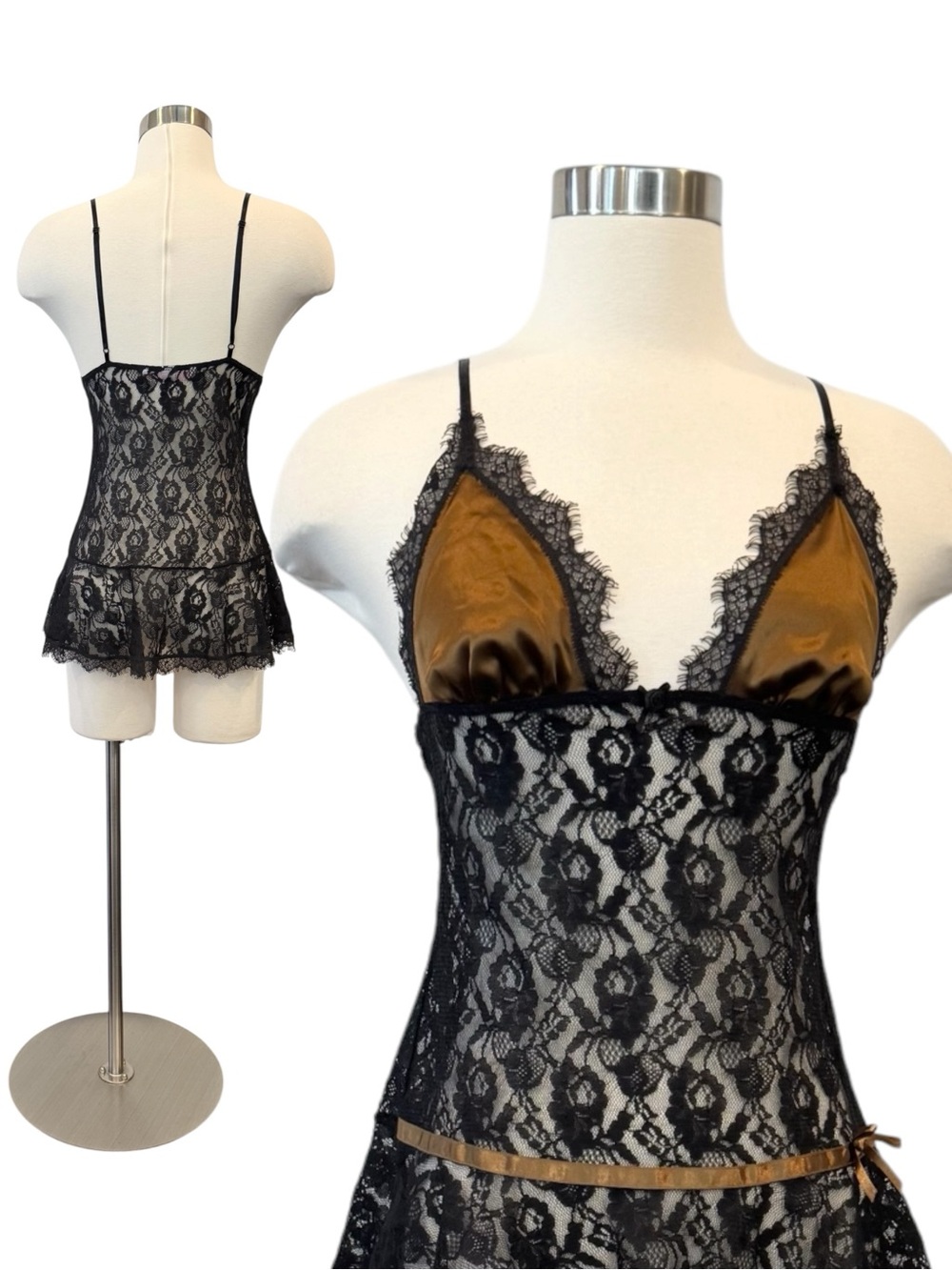 2006 Victoria’s Secret Black Lace Dropwaist Brown Silky satin Vintage Slip Dress